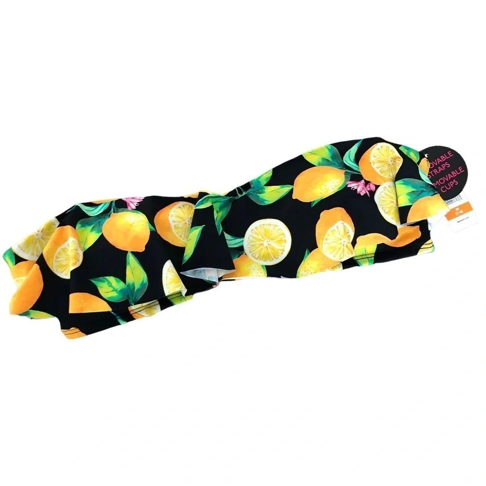 Nwt Juniors 7-9 Black Lemon Print Bandeau Bikini Swim Top Swimsuit Strapless M